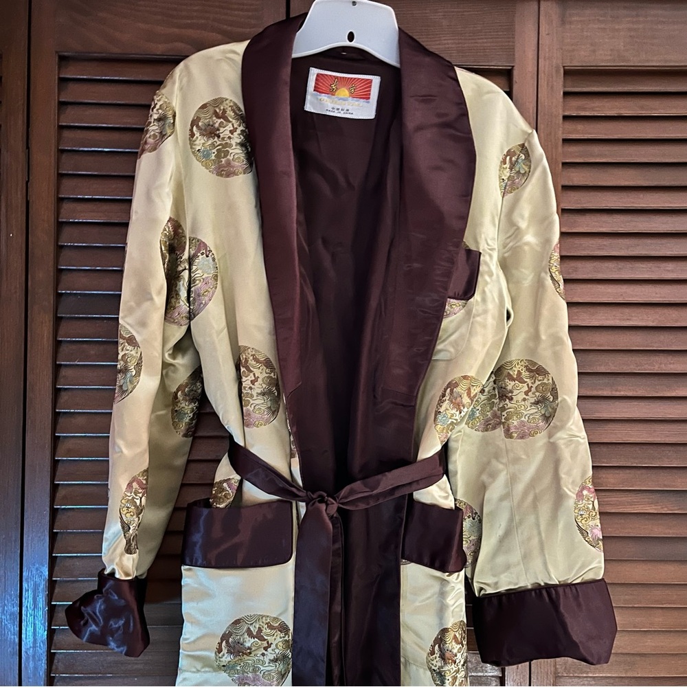 Chinese Vintage Men's Oriental Embroidered Jacquard Robe Smoking Jacket - Picture 13 of 14